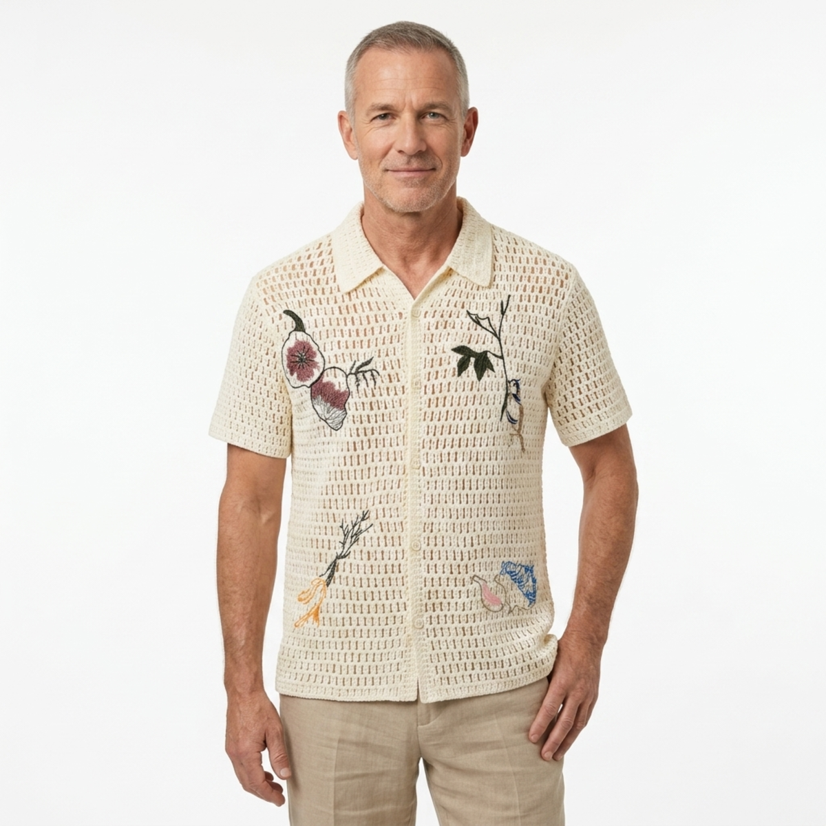 Polo crocheté homme — broderie botanique — style resort estival