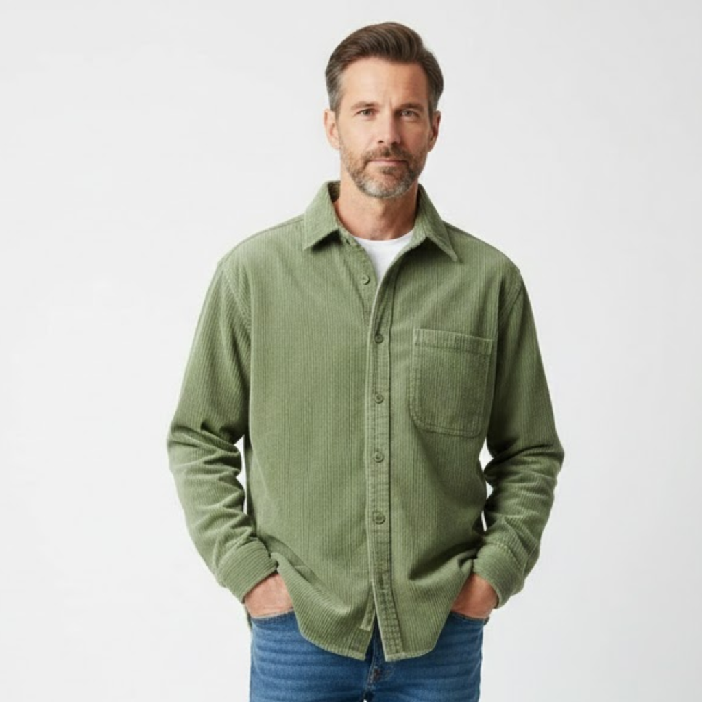 Chemise en velours côtelé pour homme avec col rabattu et poche poitrine