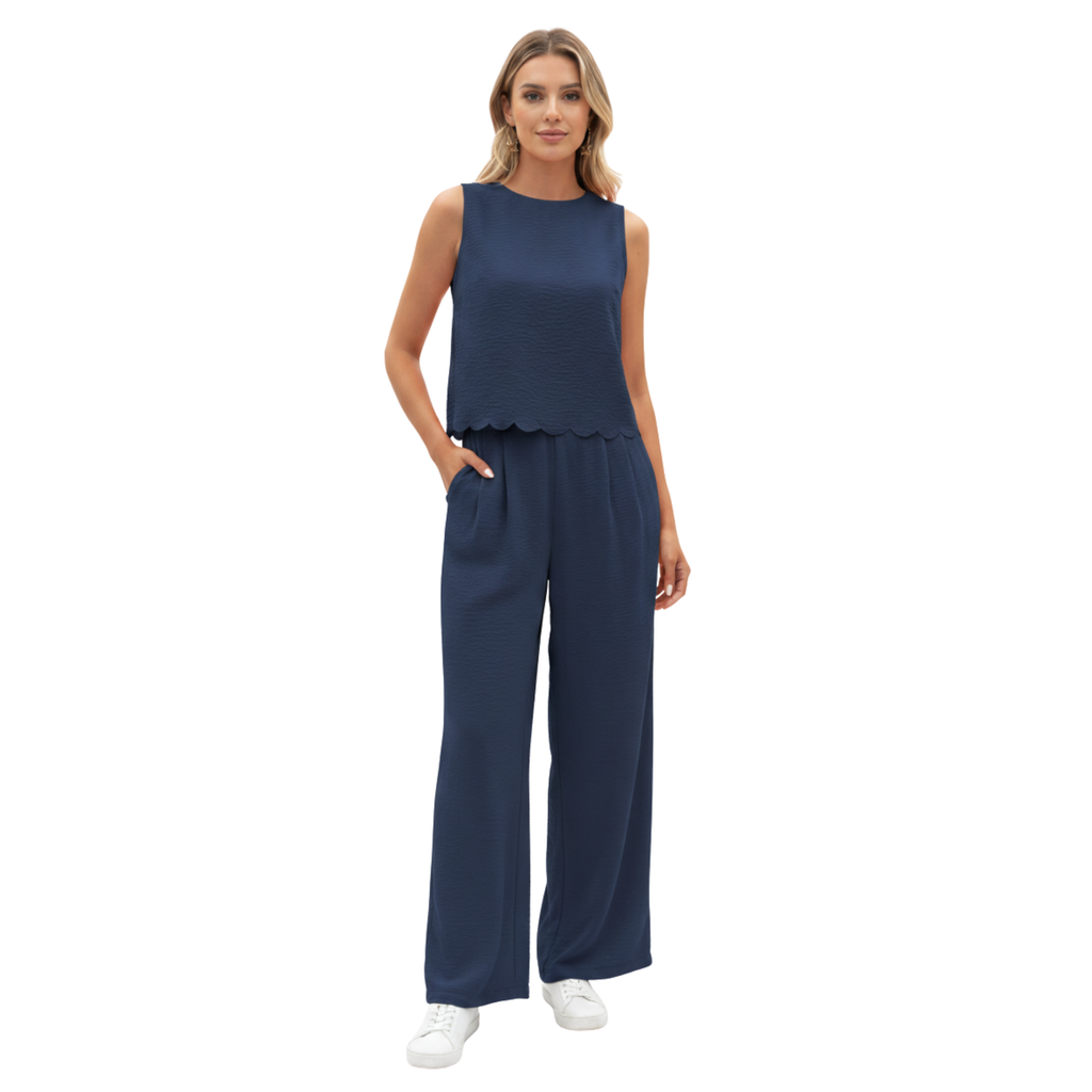 Ensemble deux pièces pour femmes : top sans manches à bordure coquillage et pantalon large longueur cheville