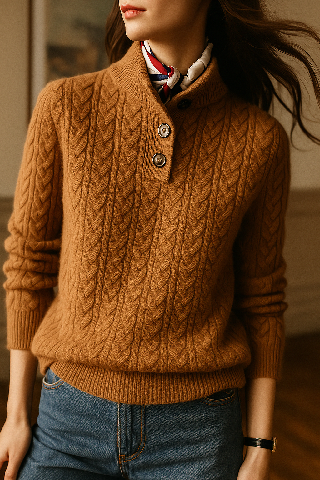 Pull en Laine et Coton Femme – Col Montant Boutonné et Maille Torsadée
