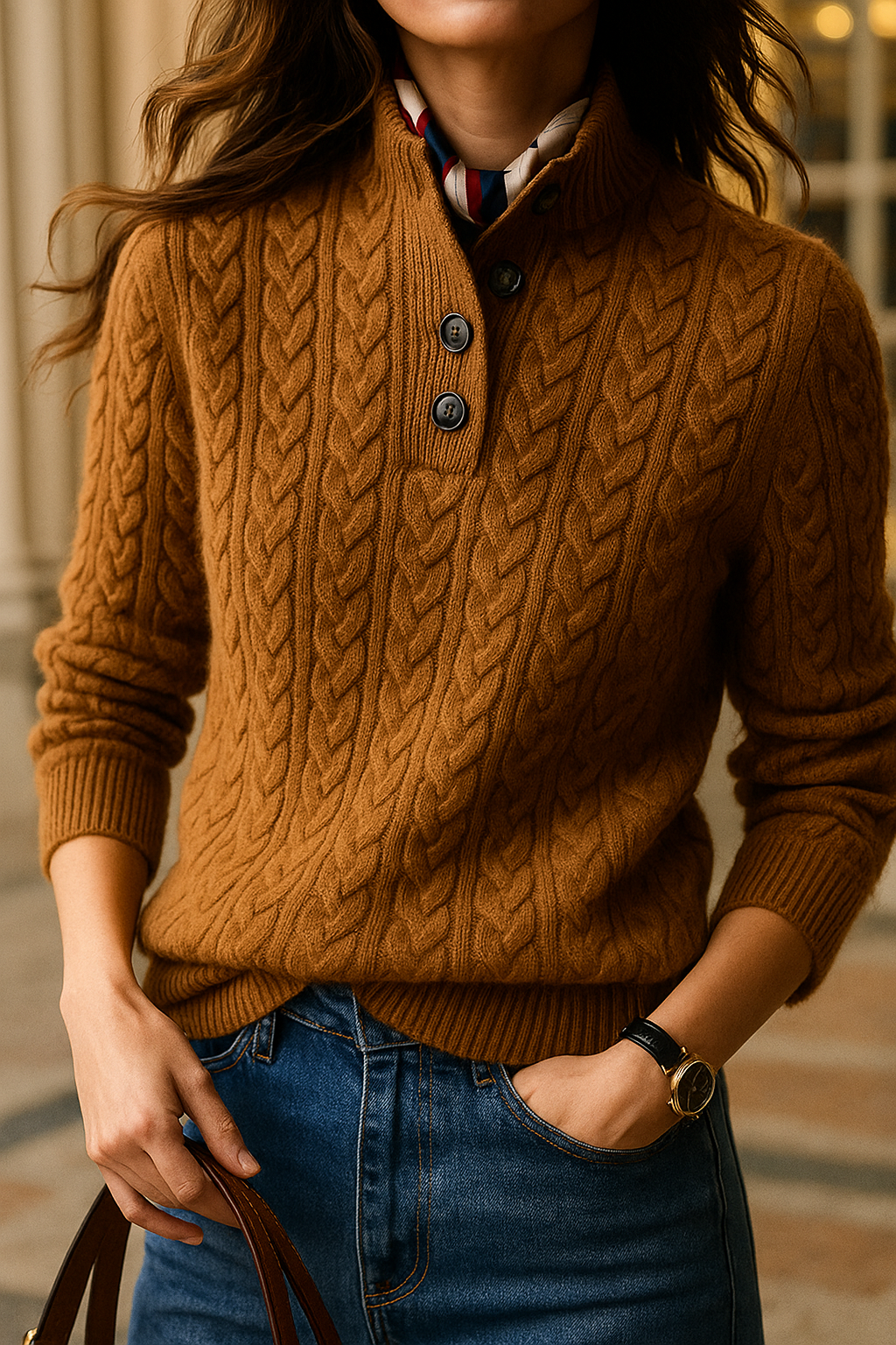 Pull en Laine et Coton Femme – Col Montant Boutonné et Maille Torsadée