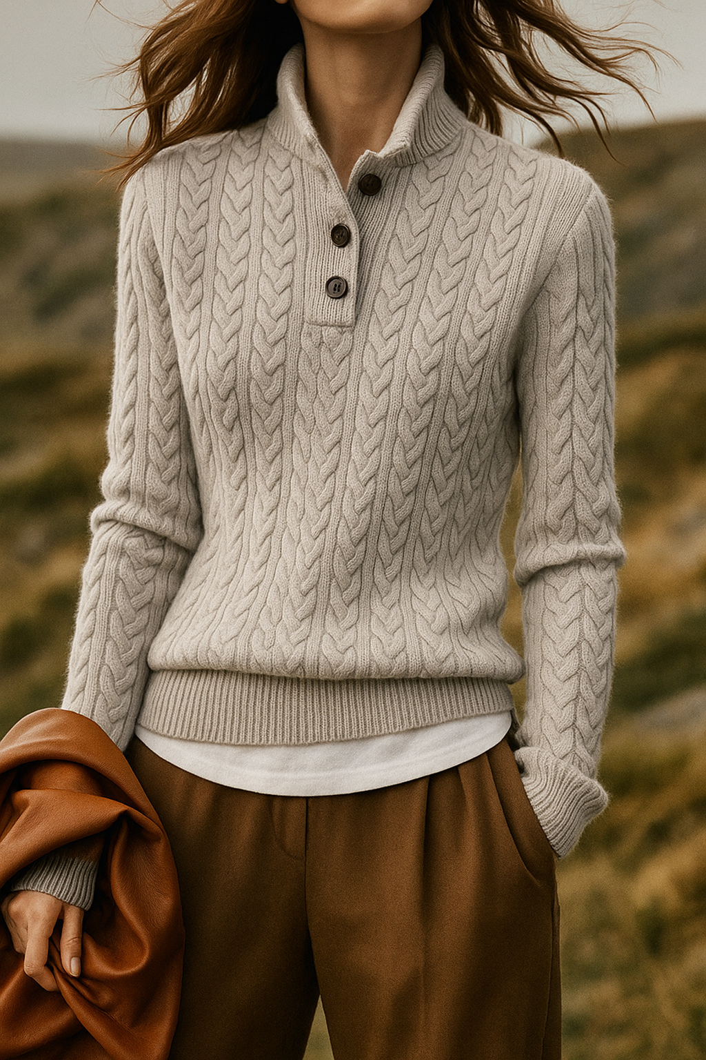 Pull en Laine et Coton Femme – Col Montant Boutonné et Maille Torsadée