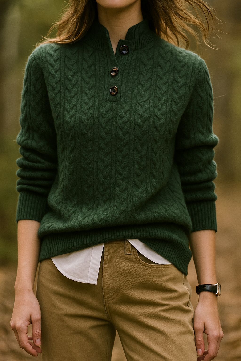 Pull en Laine et Coton Femme – Col Montant Boutonné et Maille Torsadée