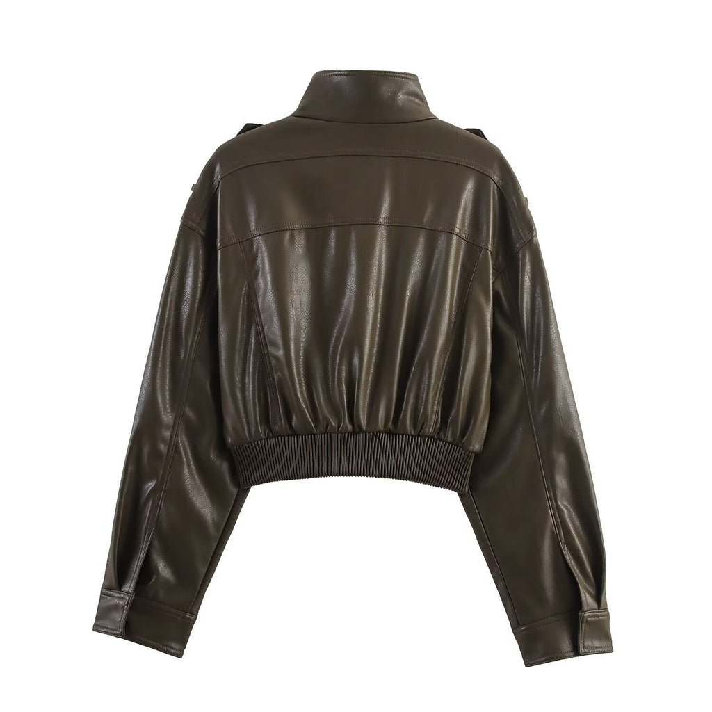 Blouson en Similicuir Femme – Coupe Courte Poignets Côtelés Style Structuré