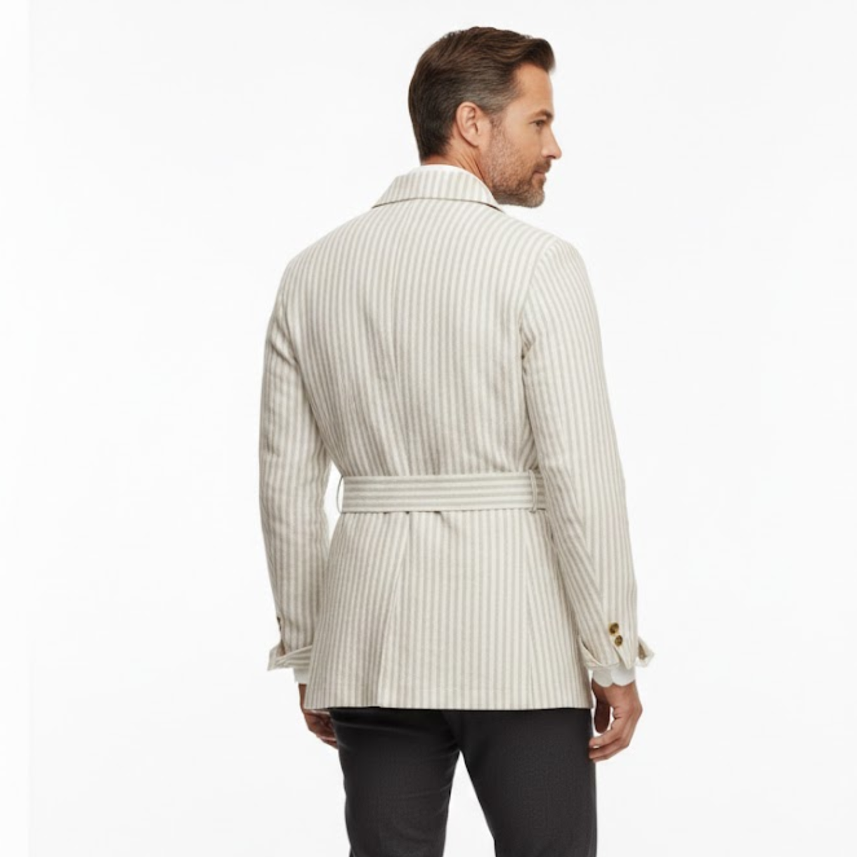 Veste saharienne à rayures pour homme avec ceinture et quatre poches plaquées