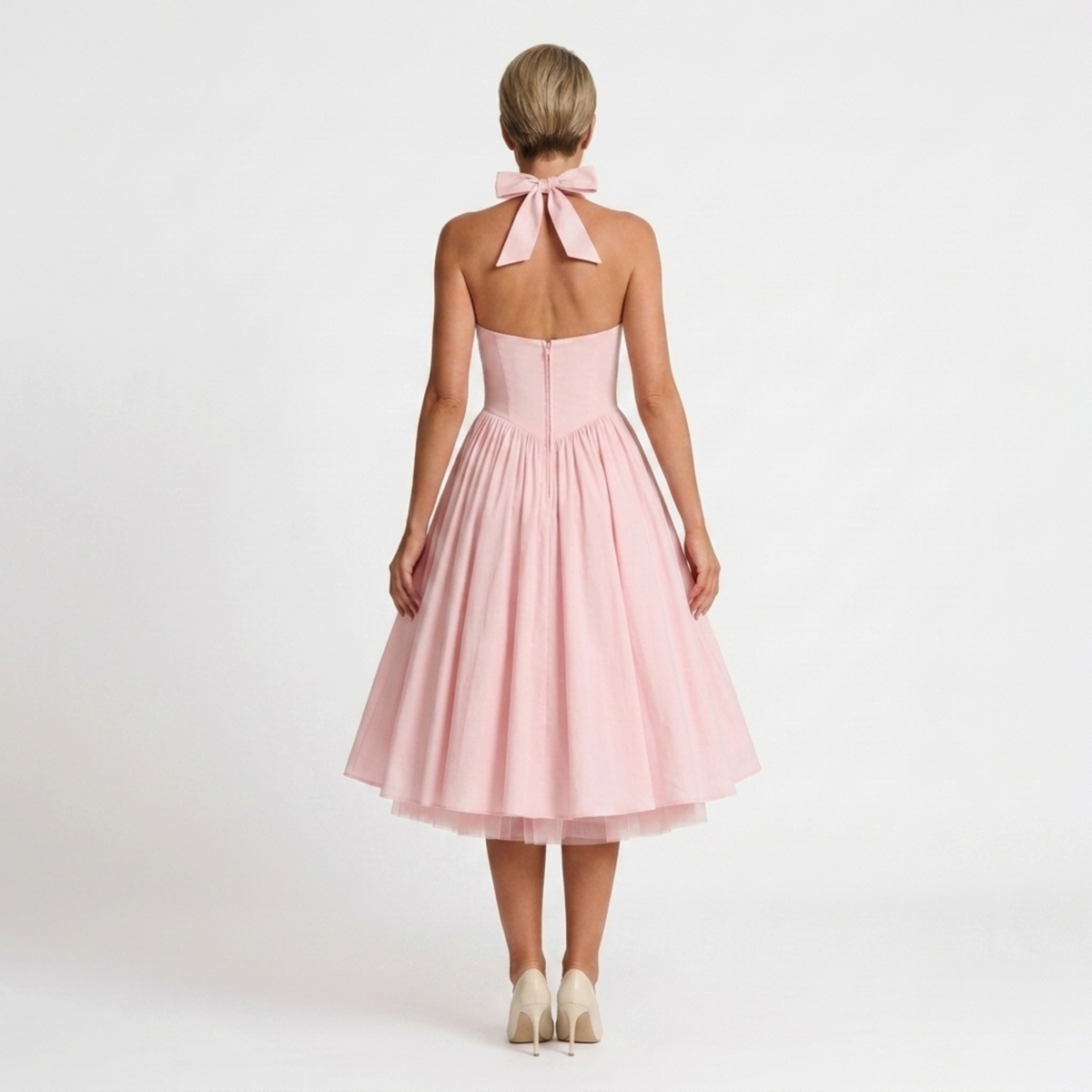 Robe midi femme halter — dos nu et jupe ample — mariage et cérémonie