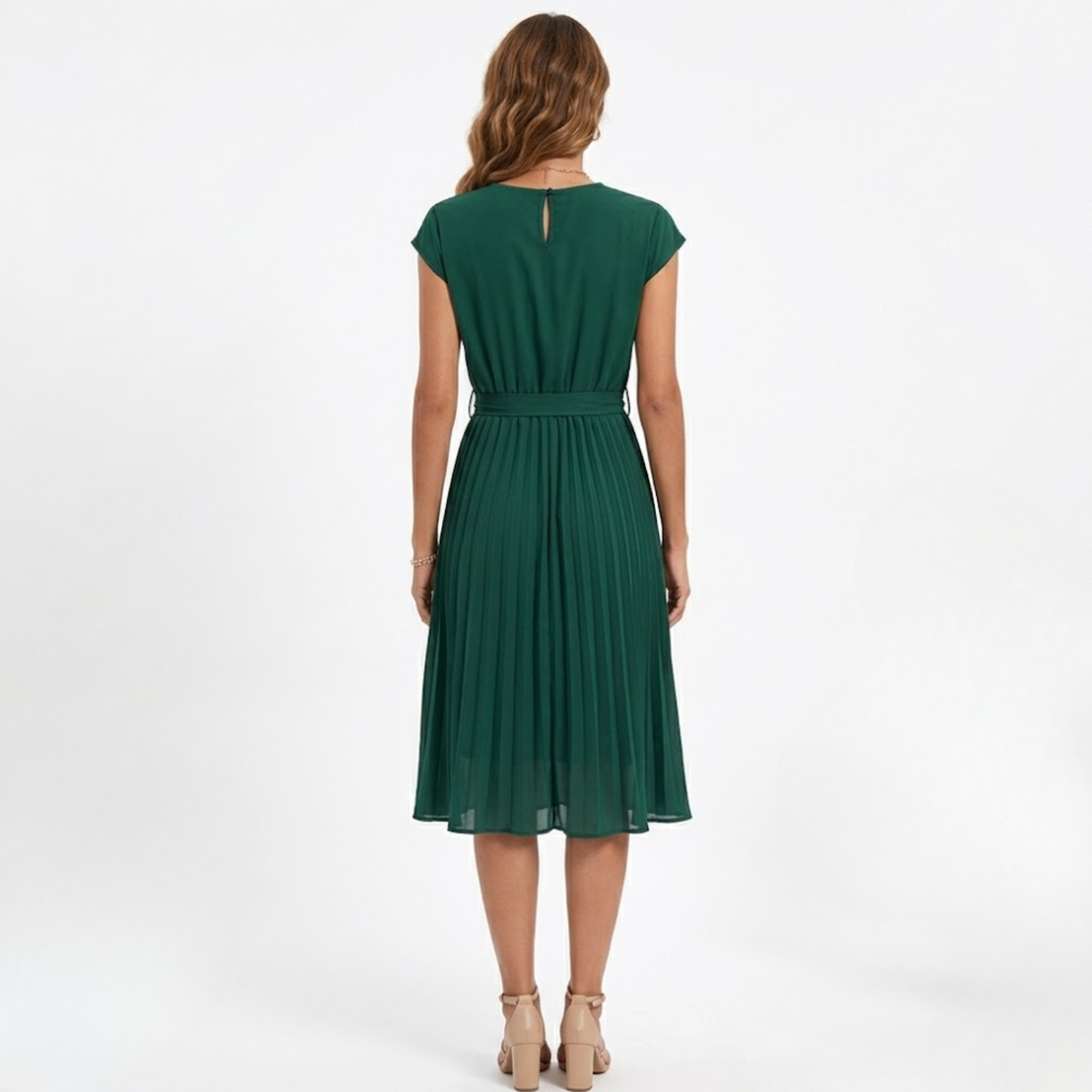 Robe Midi Plissée à Manches Courtes et Taille Haute avec Ceinture pour Femmes