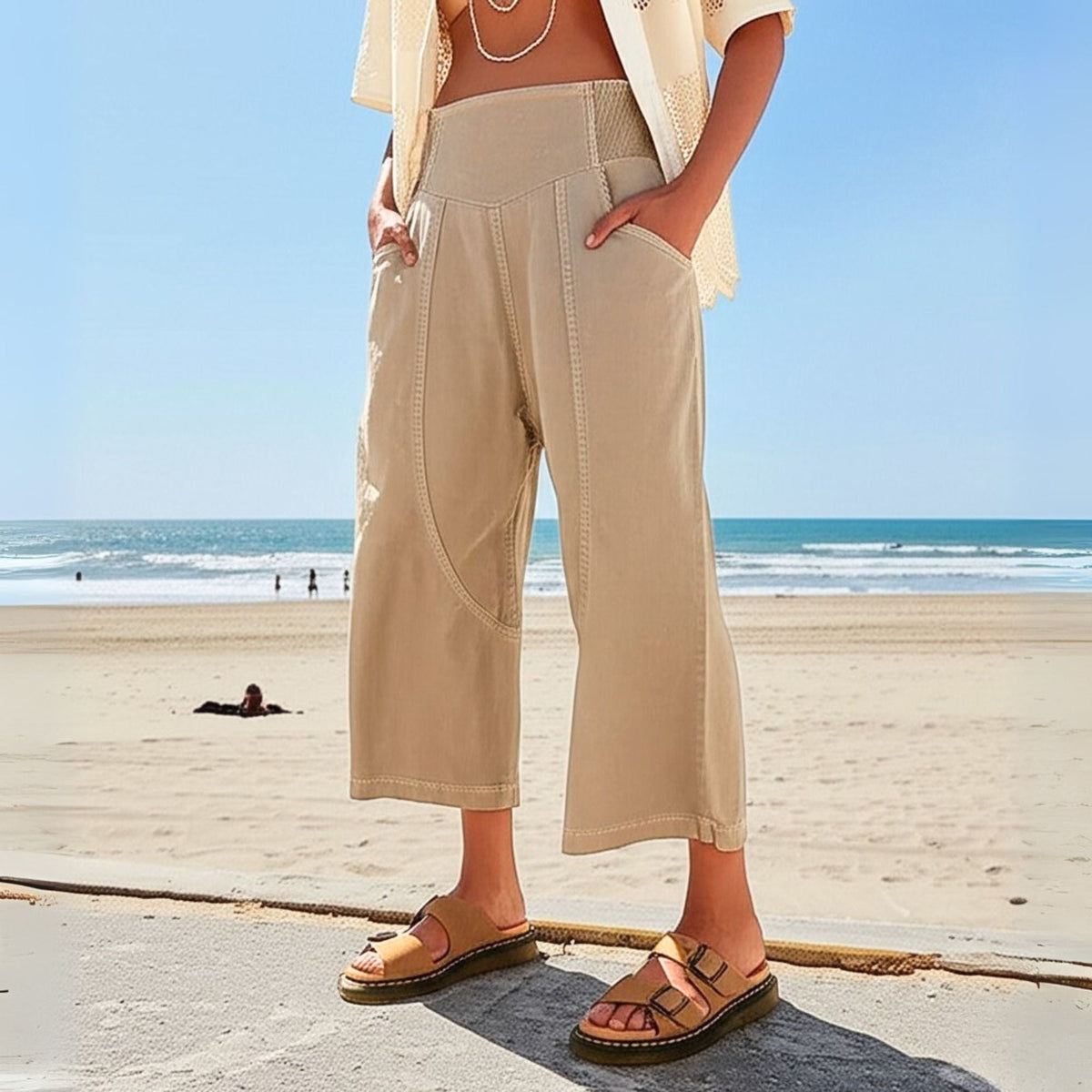 Pantalon en Coton et Lin Femme – Jambe Large et Ceinture Élastique