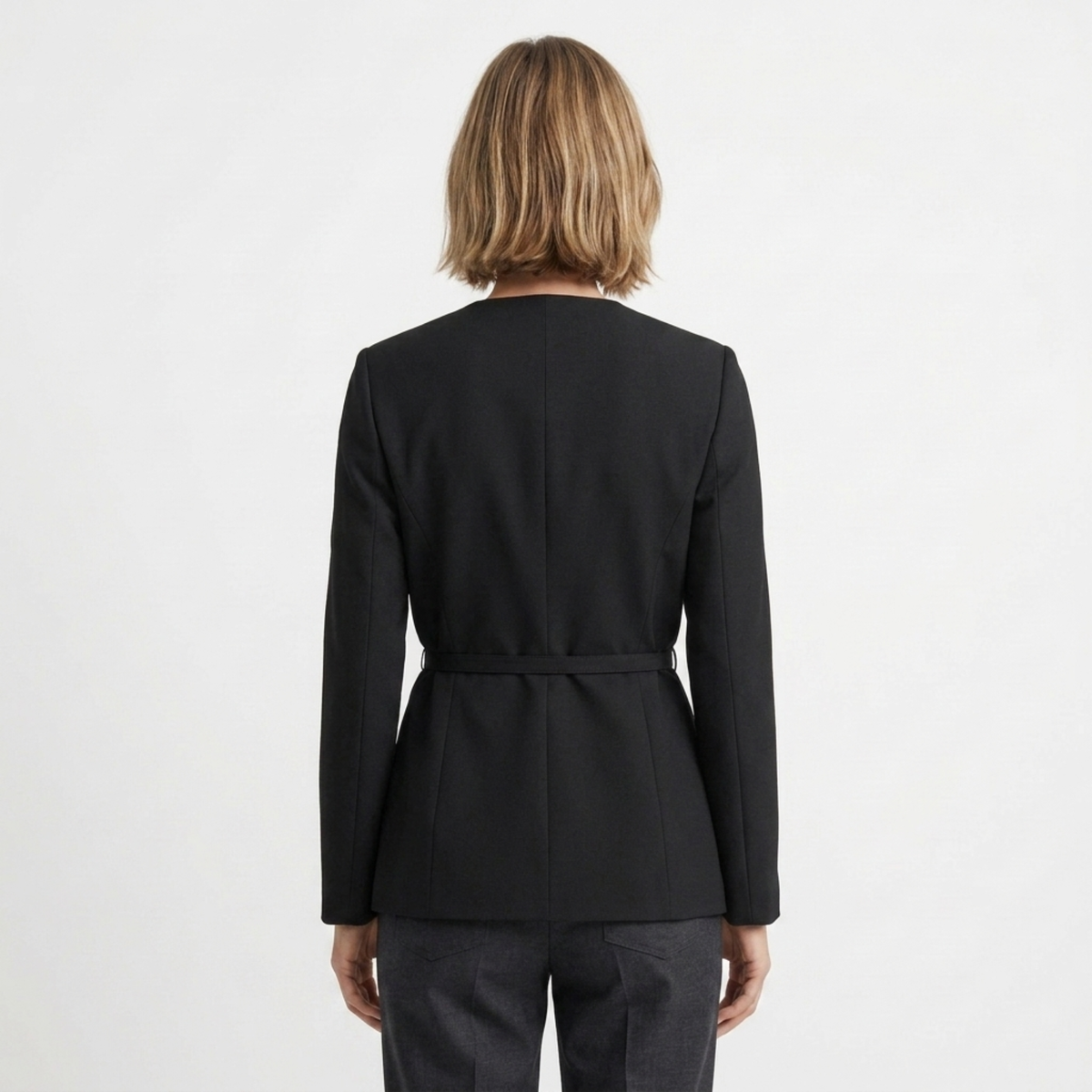 Blazer en Polyester Femme – Col V et Ceinture Coupe Ajustée Élégante