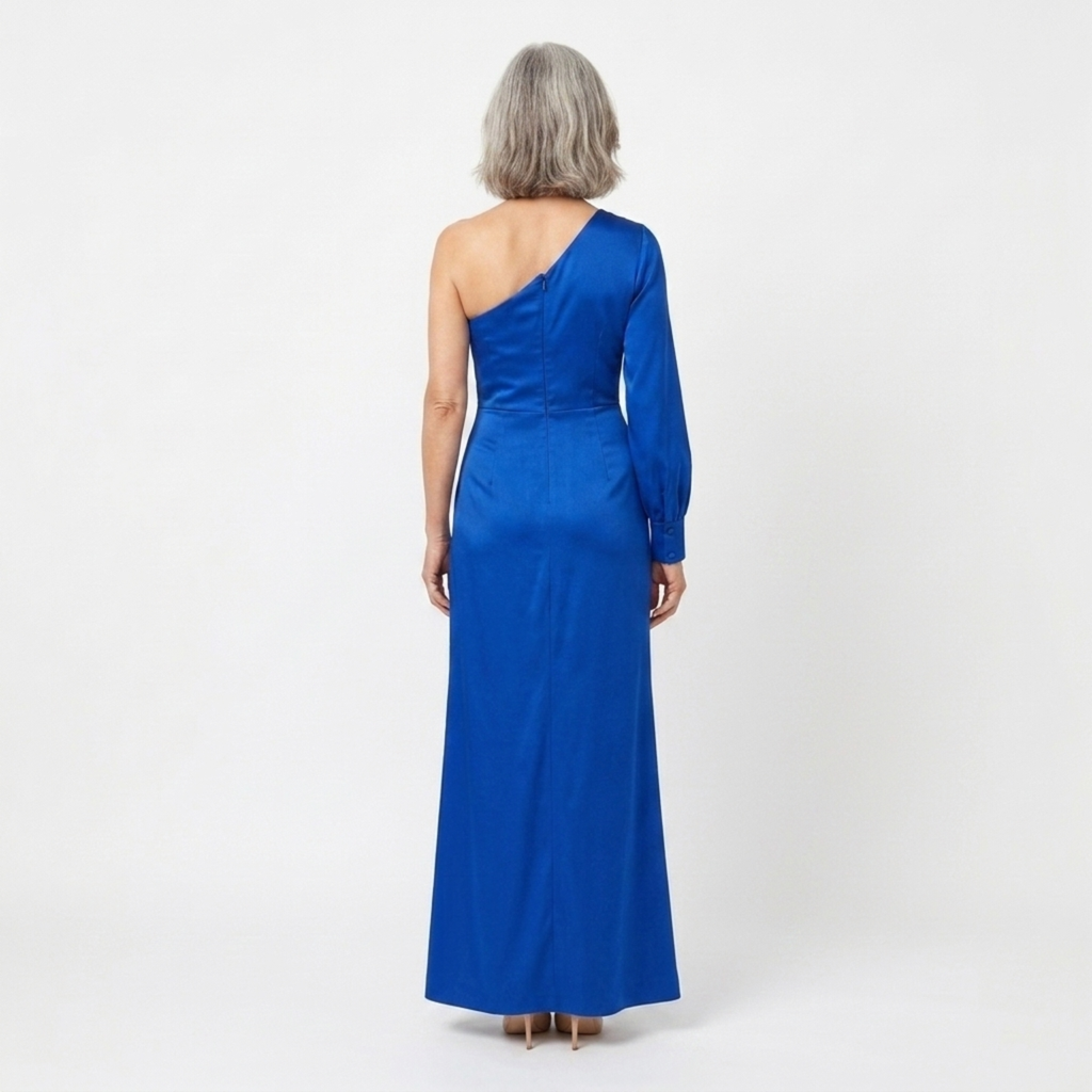 Robe longue femme — satin asymétrique à épaule dénudée | soirée de mariage