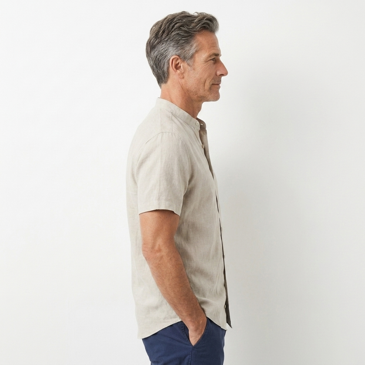 Chemise en lin pour homme — col officier à manches courtes — tenue décontractée de plage