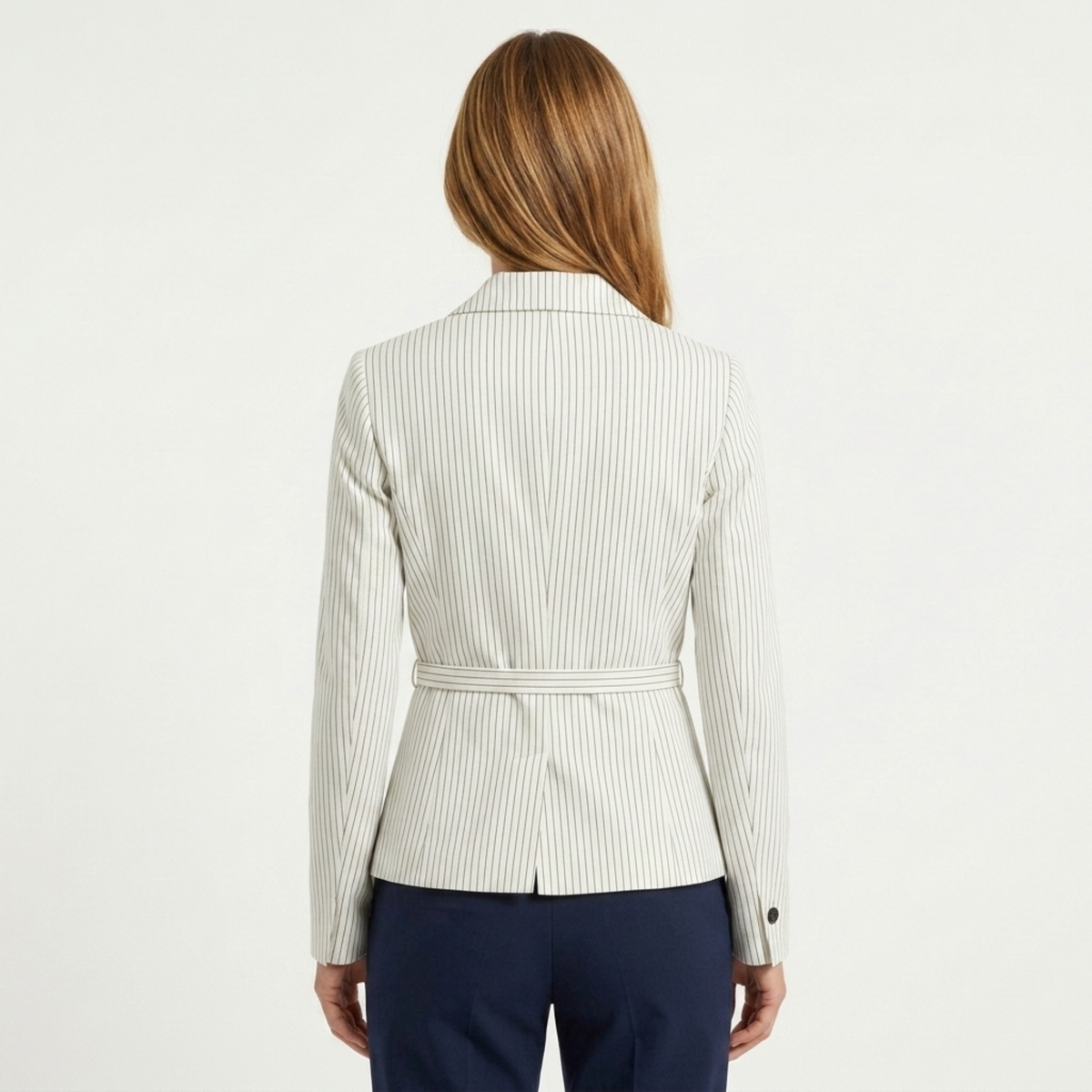 Blazer en Polyester Femme – Rayures et Ceinture Coupe Ajustée Élégante