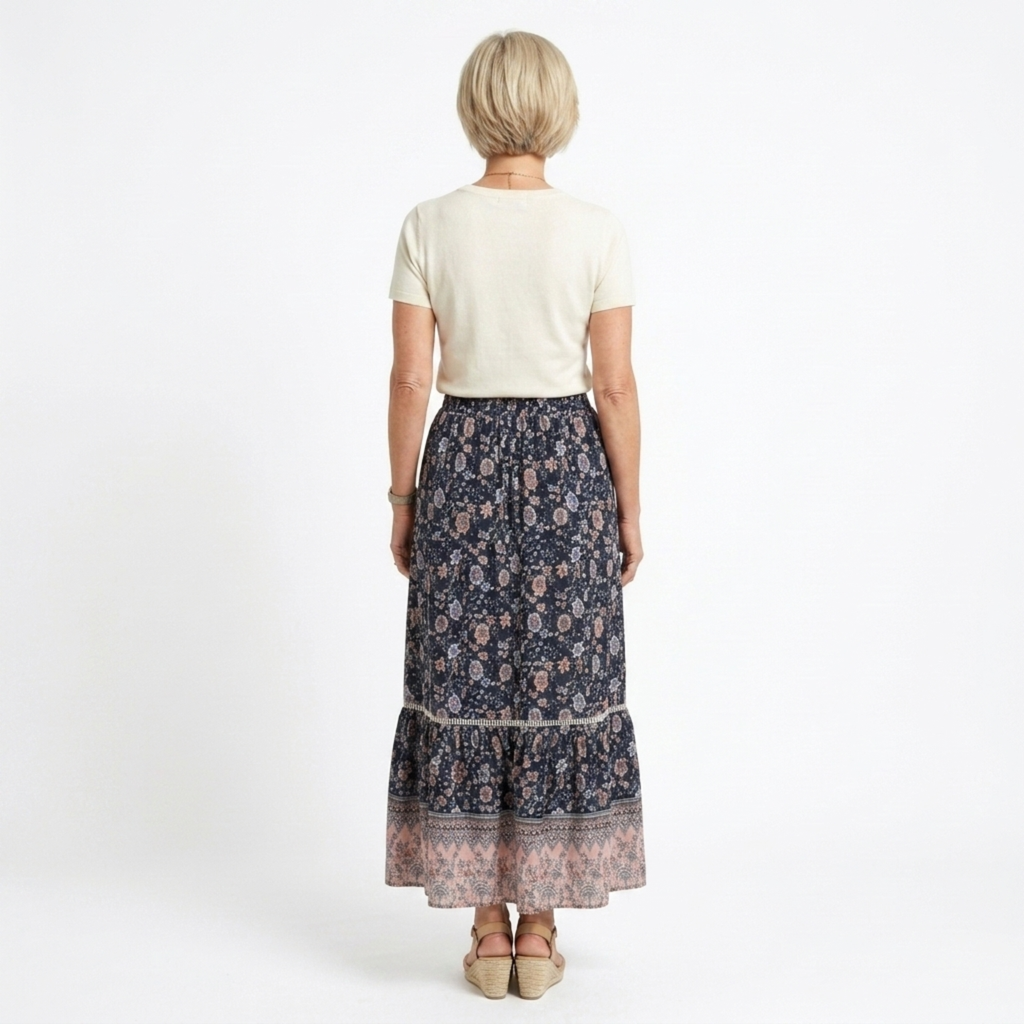 Jupe maxi longue fleurie — taille haute à lacets — tenue de plage