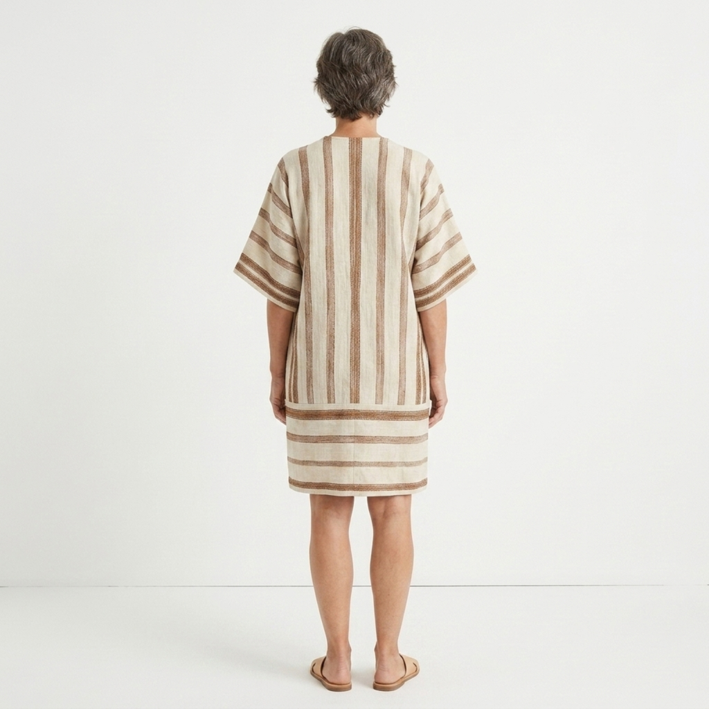 Robe kimono de plage rayée — kaftan ample à pompons — vacances d'été