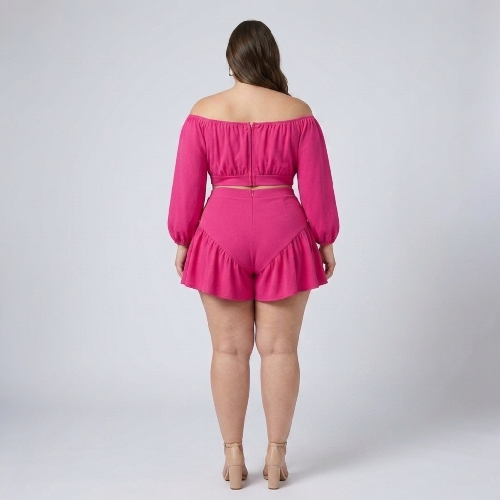 Ensemble grande taille haut épaules dénudées et short à volants