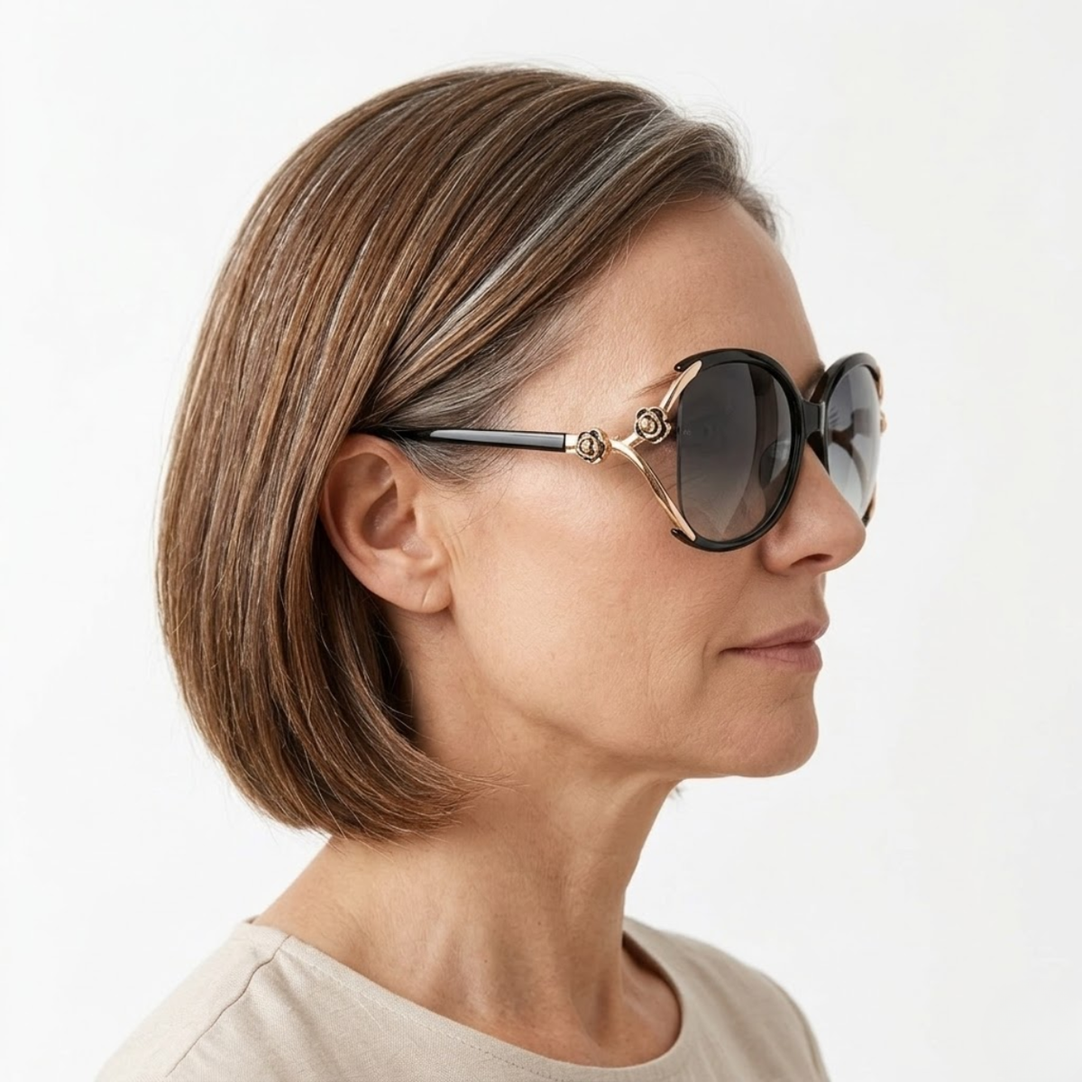 Lunettes de Soleil Oversized pour Femme avec Branches en Métal et Détails Floraux