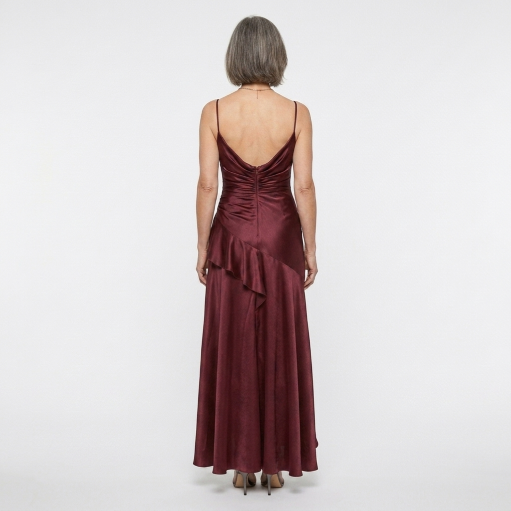 Robe longue femme — satin à ourlet asymétrique et volants | soirée chic