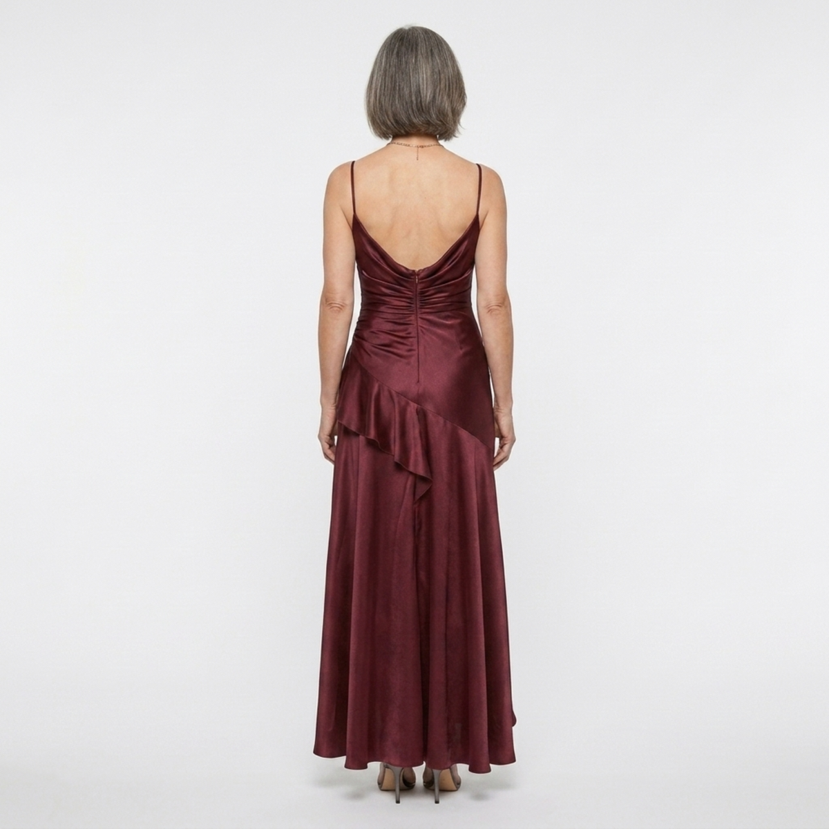 Robe longue femme — satin à ourlet asymétrique et volants | soirée chic