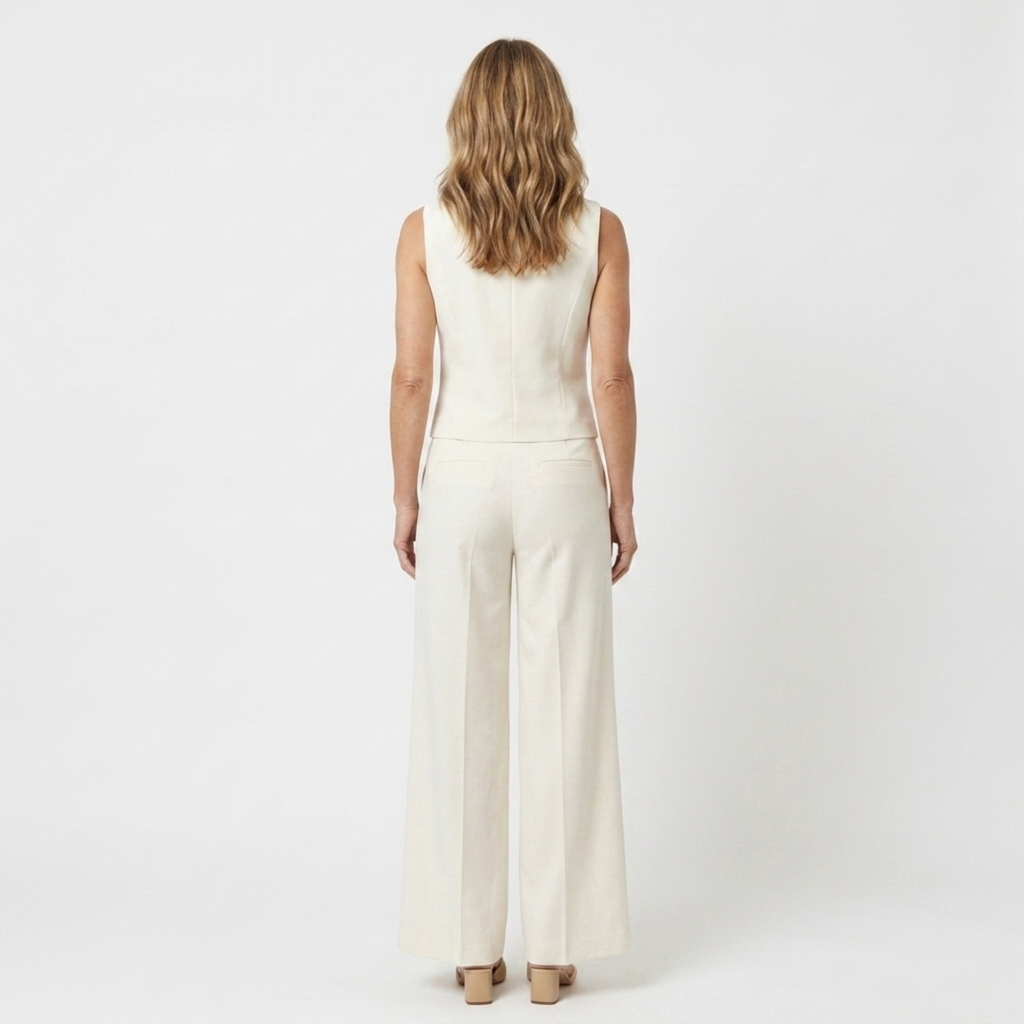 Ensemble femme pantalon large — haut sans manches structuré — mi-saison