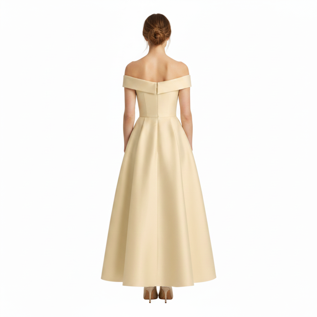 Robe Invitée de Mariage Midi Évasée à Épaules Dénudées avec Nœud à la Taille