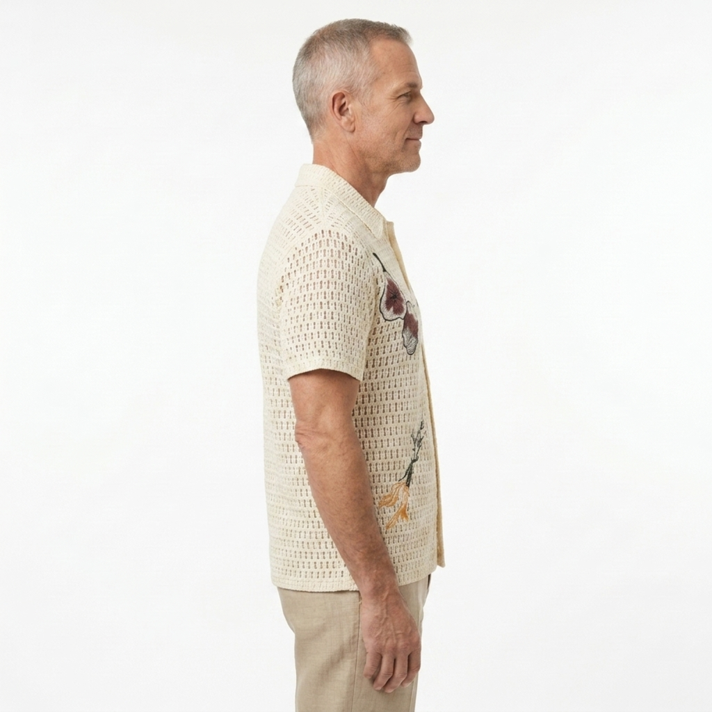 Polo crocheté homme — broderie botanique — style resort estival