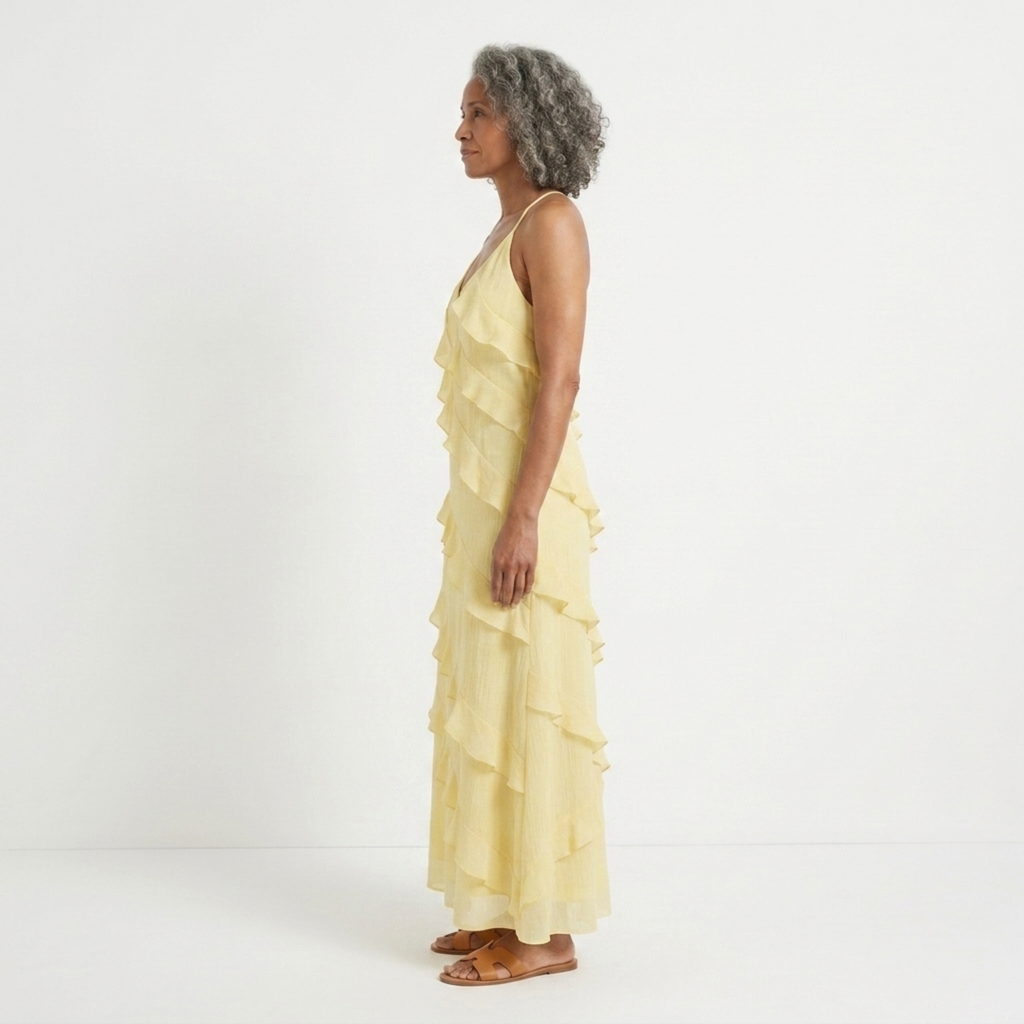 Robe longue à étages femme — col licou V pour soirée et fête — vacances