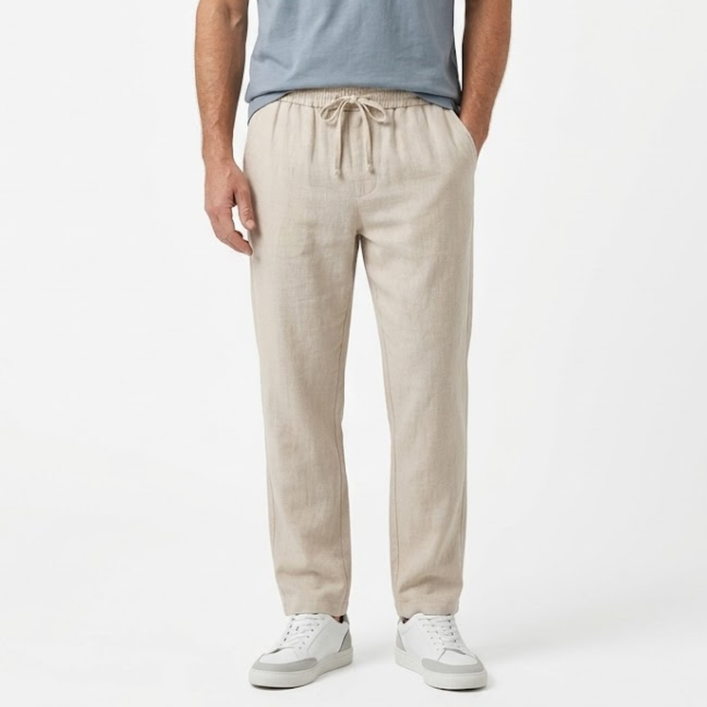 Pantalon Homme en Coton et Lin à Jambe Droite avec Taille Élastique et Cordon