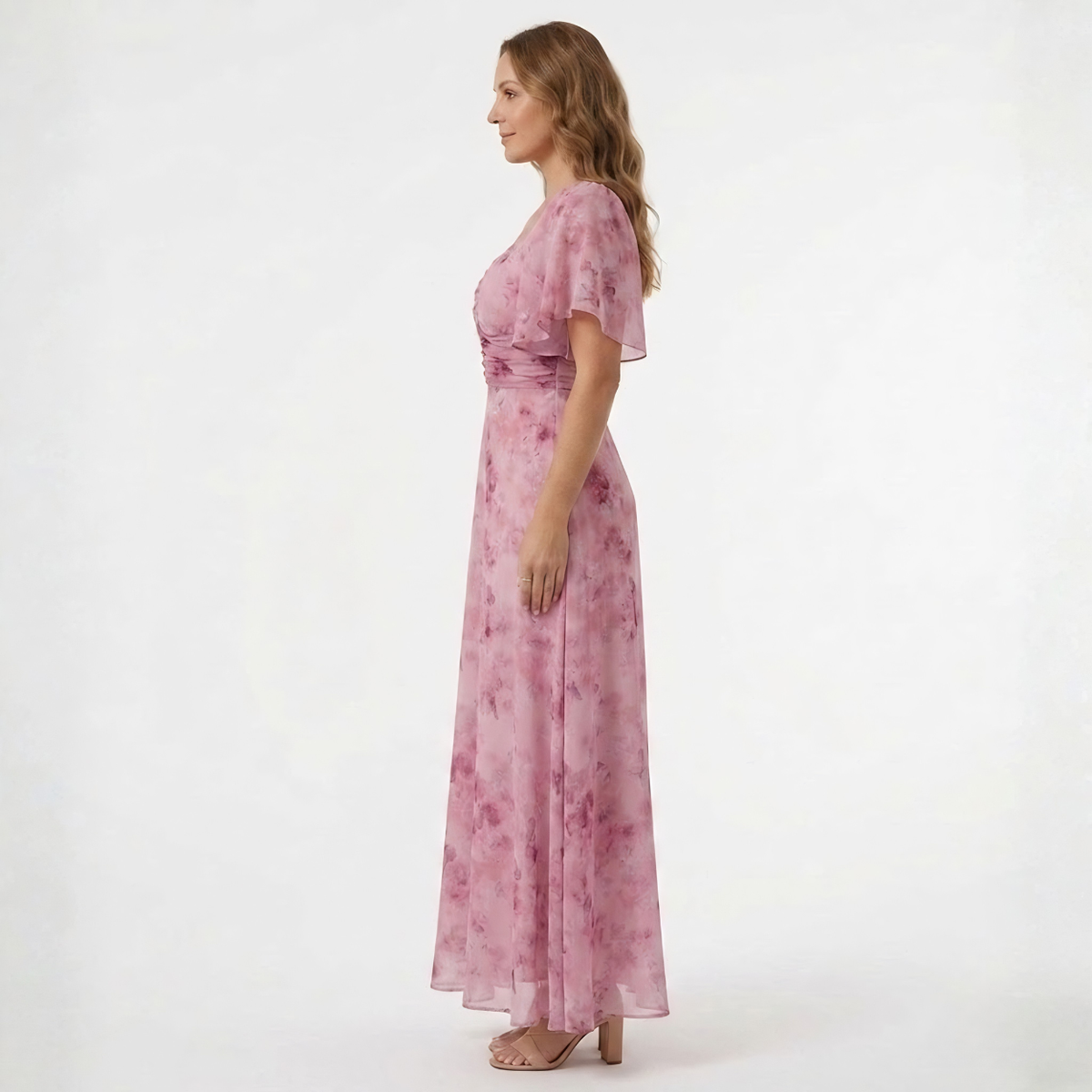 Robe Invitée de Mariage Maxi Florale à Manches Volantées et Col Cœur