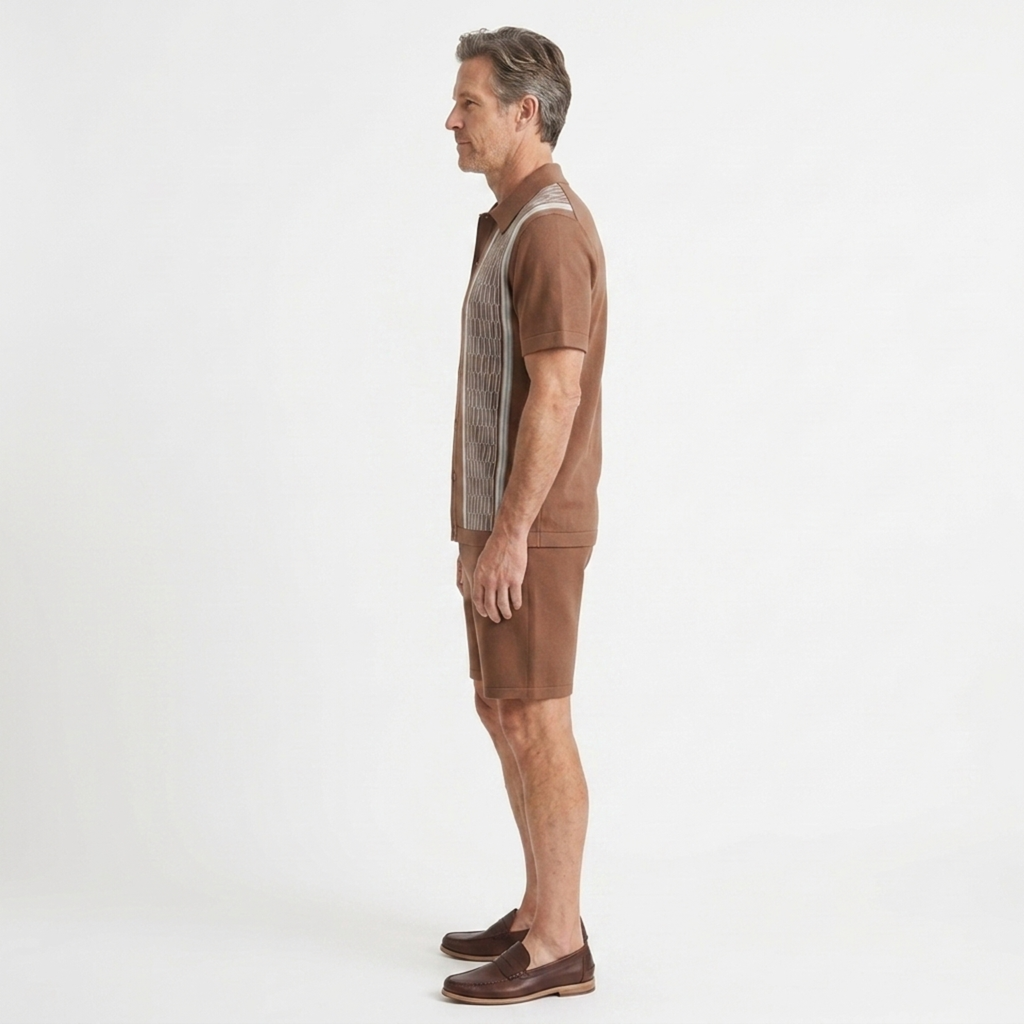 Ensemble deux pièces en maille pour homme — maille géométrique — tenue d’été décontractée