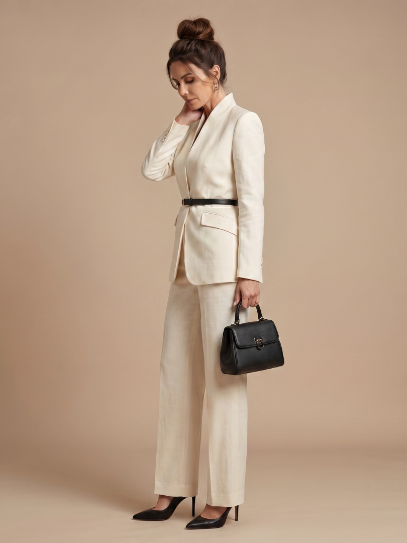 Ensemble Tailleur Femme – Col Montant et Coupe Structurée Intemporelle