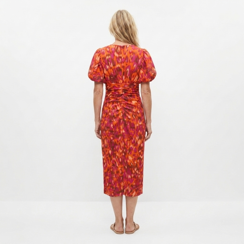 Robe longue imprimée — col en v et manches volume — fête