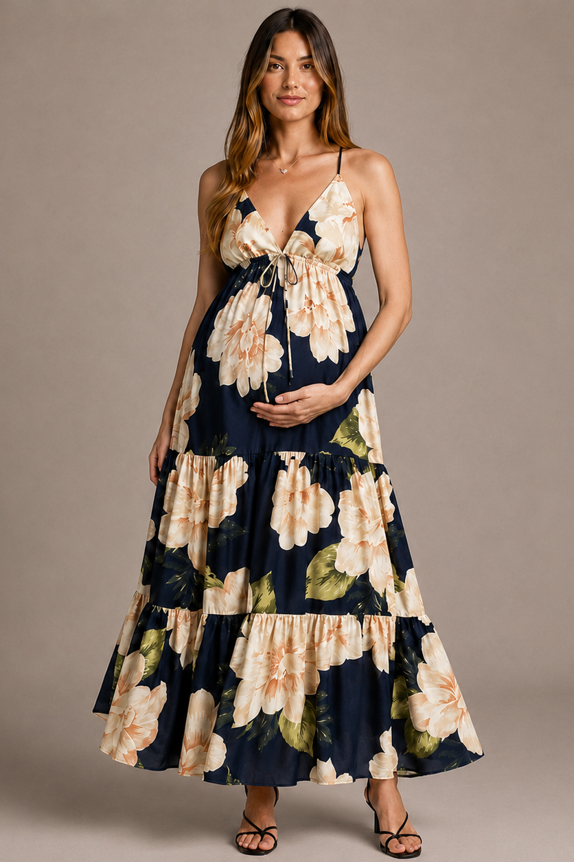 Robe longue fleurie grossesse col V dos ouvert