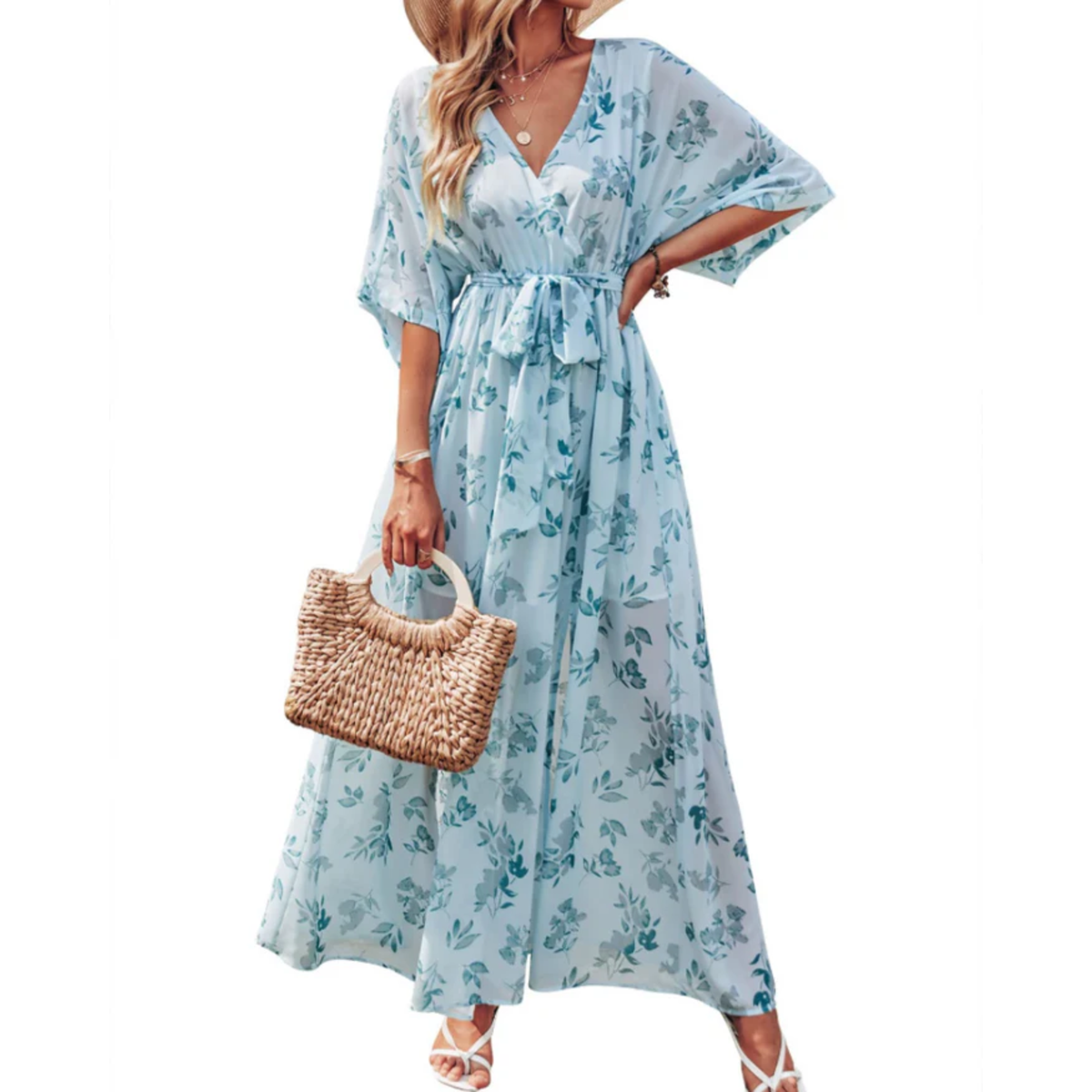 Robe maxi kimono à fleurs — style bohème — vacances d'été