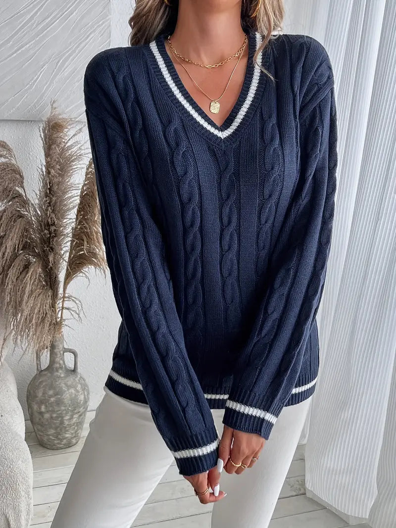 Pull Femme – Col V et Maille Torsadée Coupe Décontractée au Quotidien