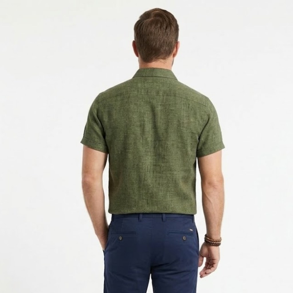 Chemise en Coton et Lin à Manches Courtes avec Col Rabattu pour Homme