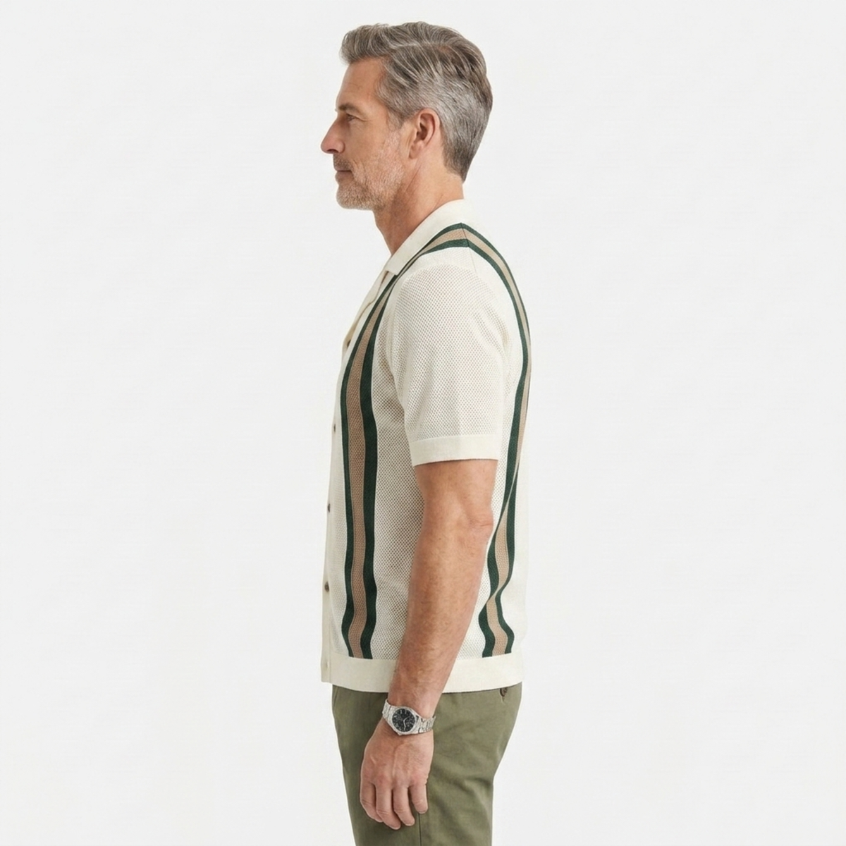 Polo en maille homme — rayures verticales — style vintage bord de mer