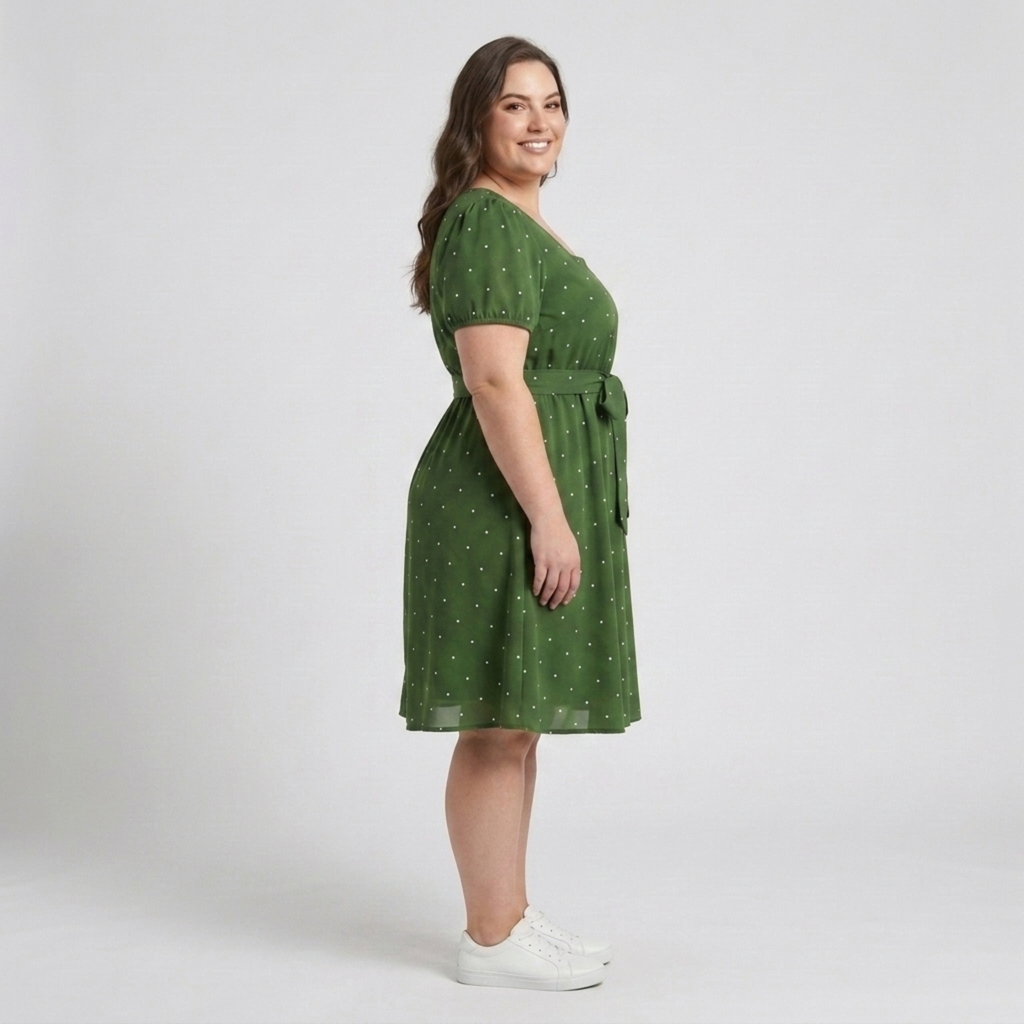 Robe patineuse grande taille pour femme à pois avec col carré et manches bouffantes