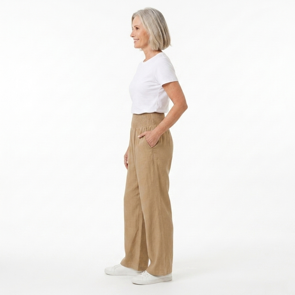 Pantalon femme mélange lin et coton — taille élastique coupe droite | quotidien