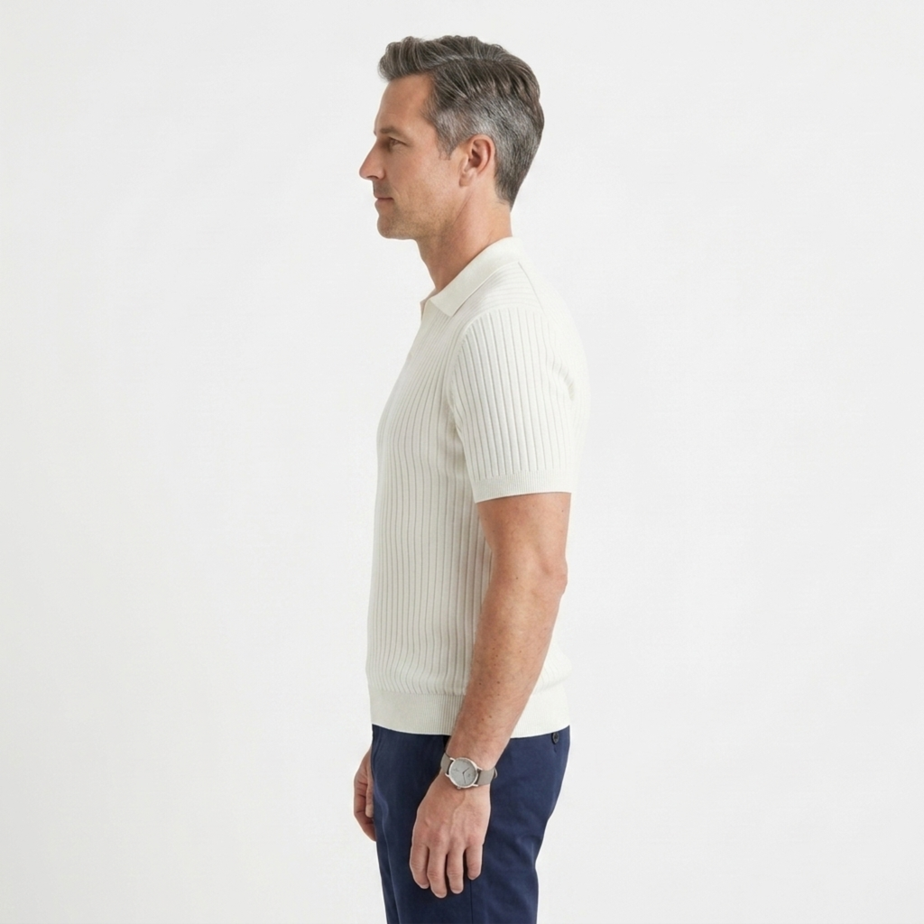 Polo homme en maille côtelée avec col en v et manches courtes — détente