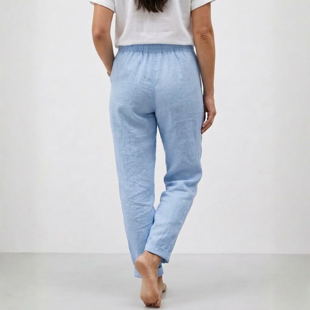 Pantalon en Coton et Lin à Taille Haute Élastique et Coupe Décontractée pour Femme