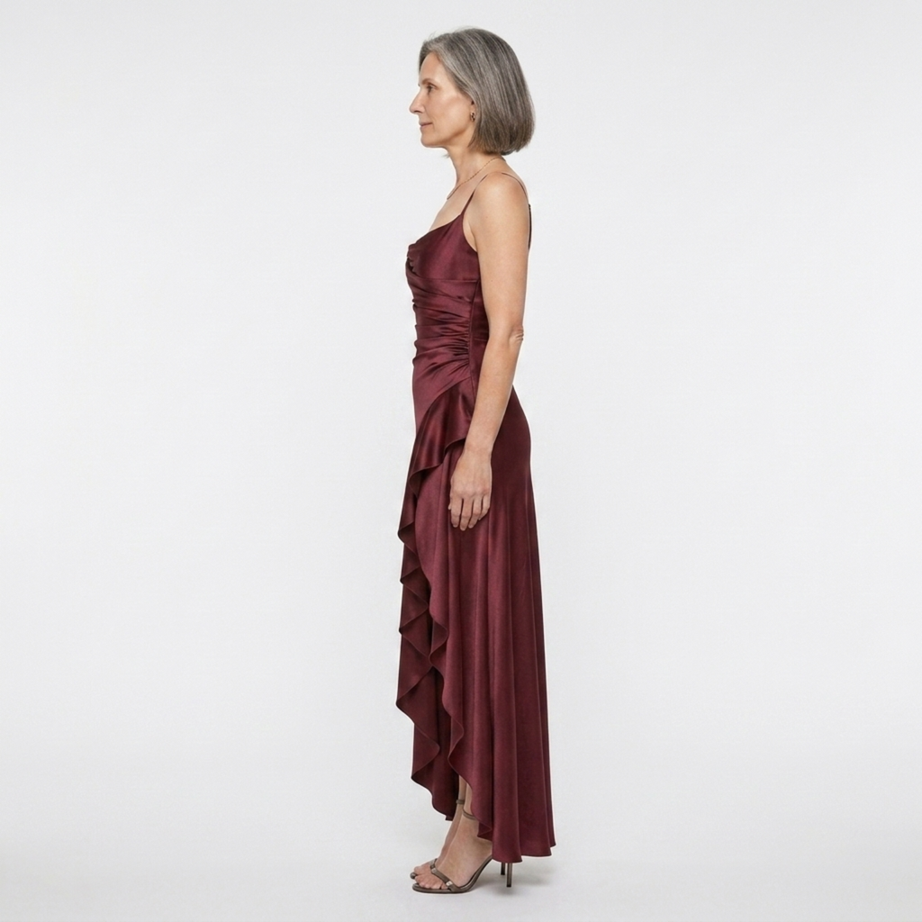 Robe longue femme — satin à ourlet asymétrique et volants | soirée chic