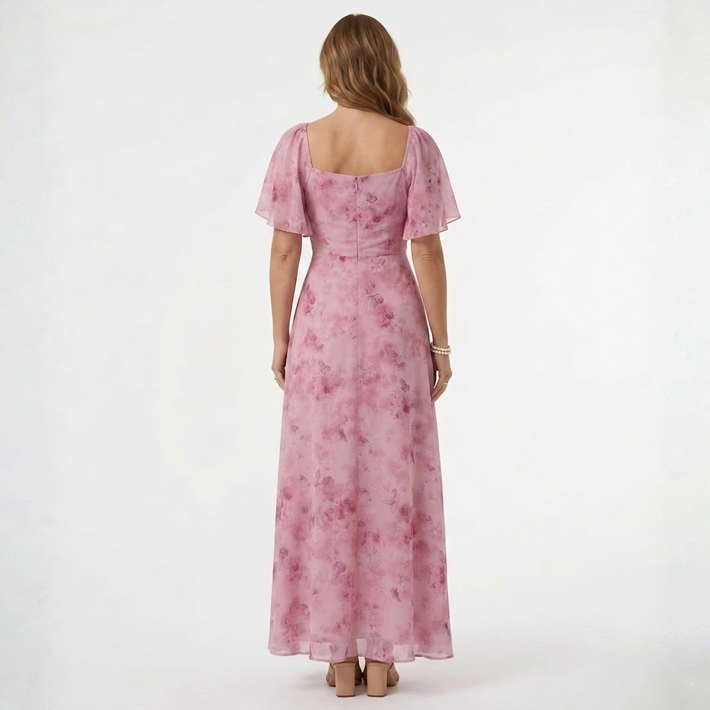 Robe Invitée de Mariage Maxi Florale à Manches Volantées et Col Cœur