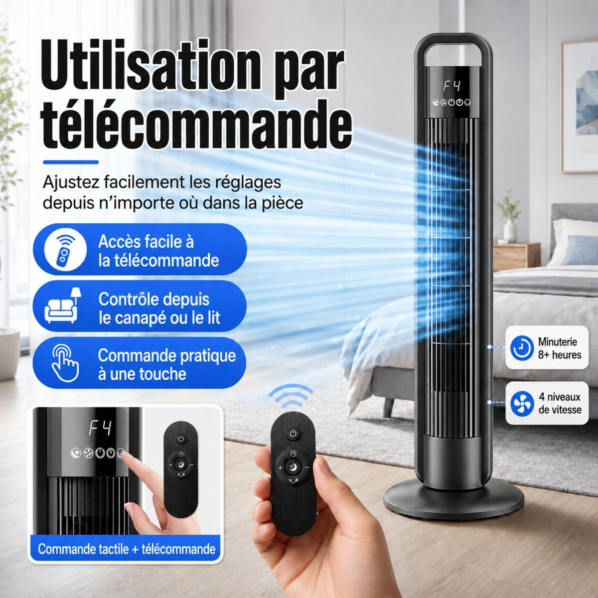 Ventilateur Colonne avec Télécommande, Oscillation et 4 Vitesses