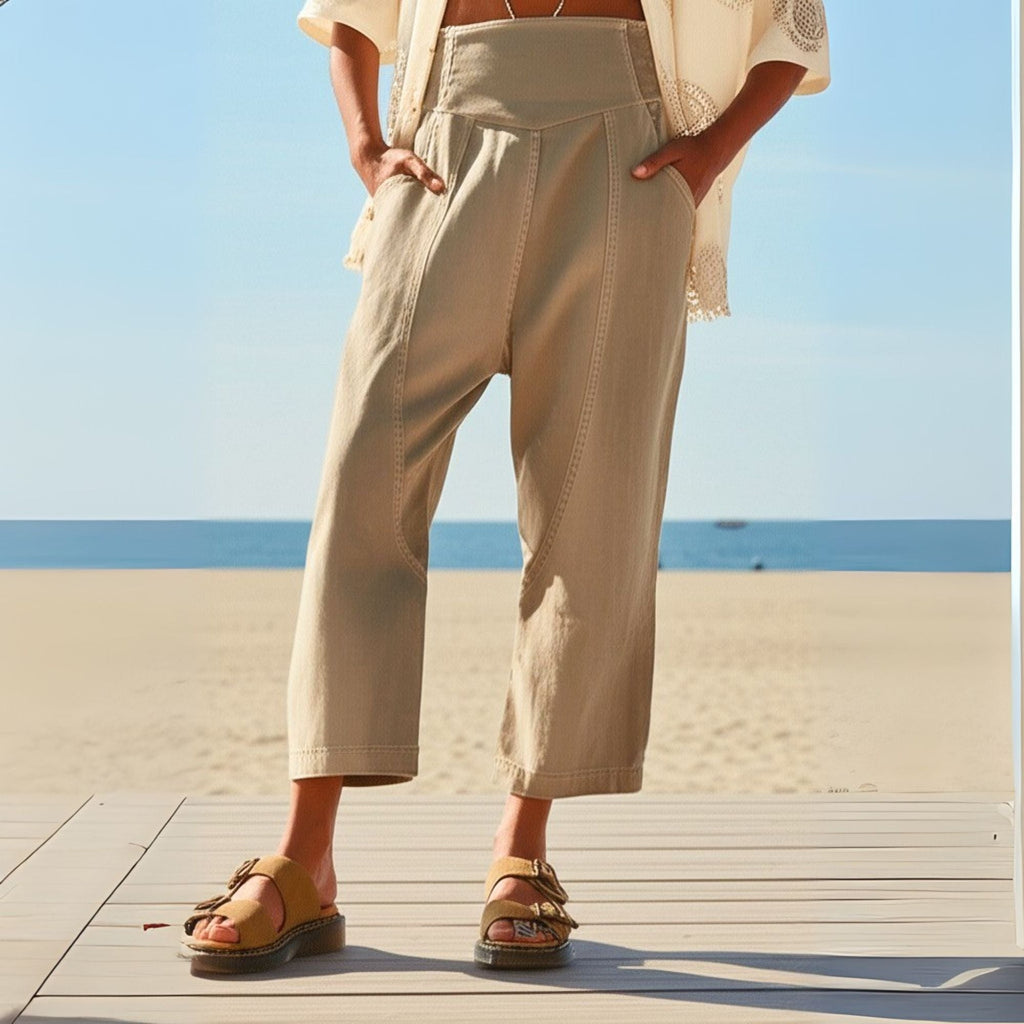 Pantalon en Coton et Lin Femme – Jambe Large et Ceinture Élastique