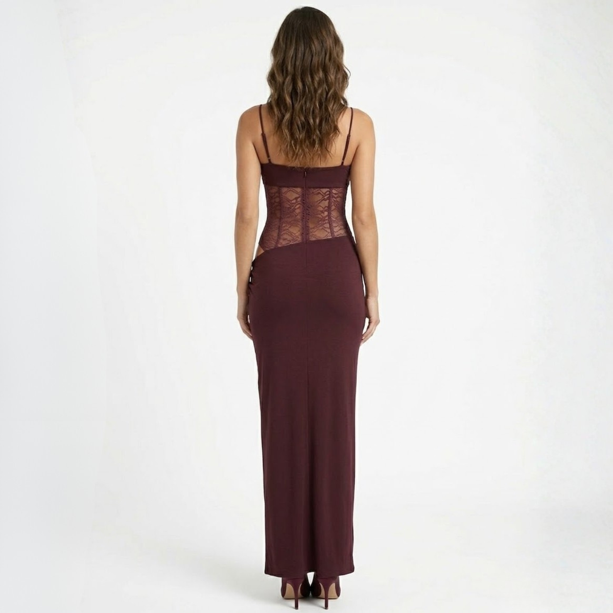 Robe Longue de Soirée Ajustée à Bustier en Dentelle et Bretelles pour Femmes