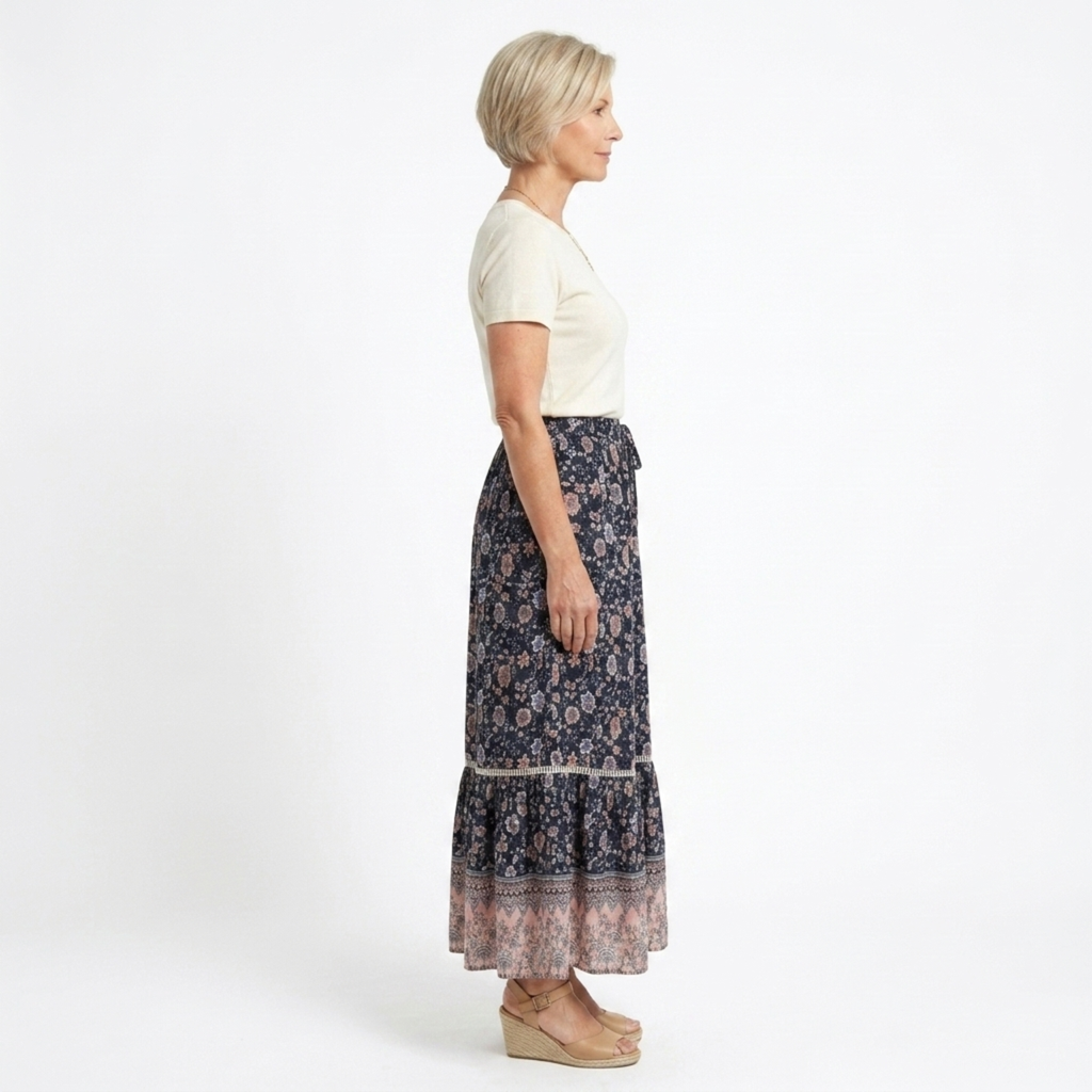 Jupe maxi longue fleurie — taille haute à lacets — tenue de plage