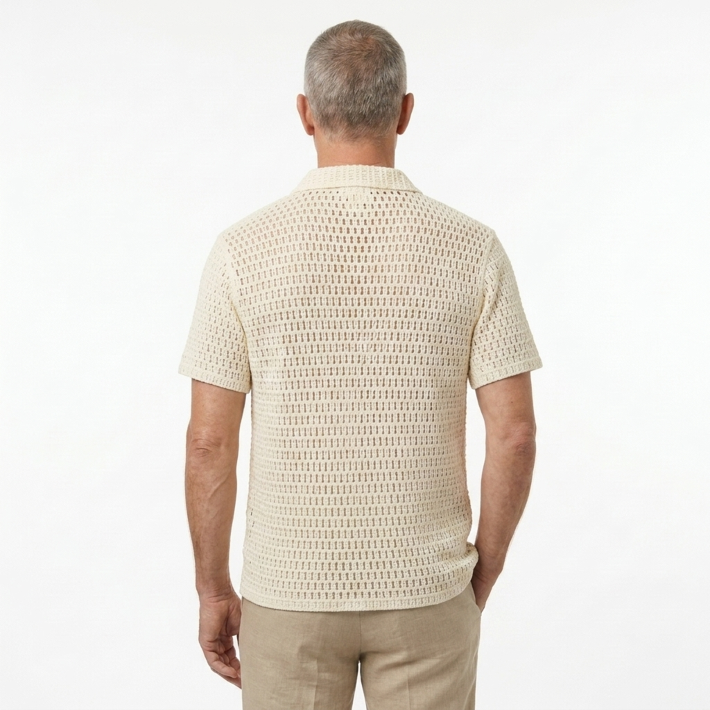 Polo crocheté homme — broderie botanique — style resort estival