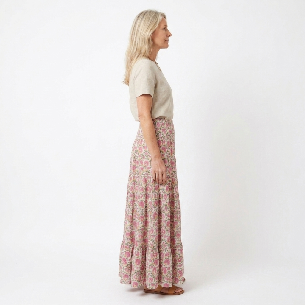 Jupe maxi longue fleurie — taille haute évasée — vacances d'été