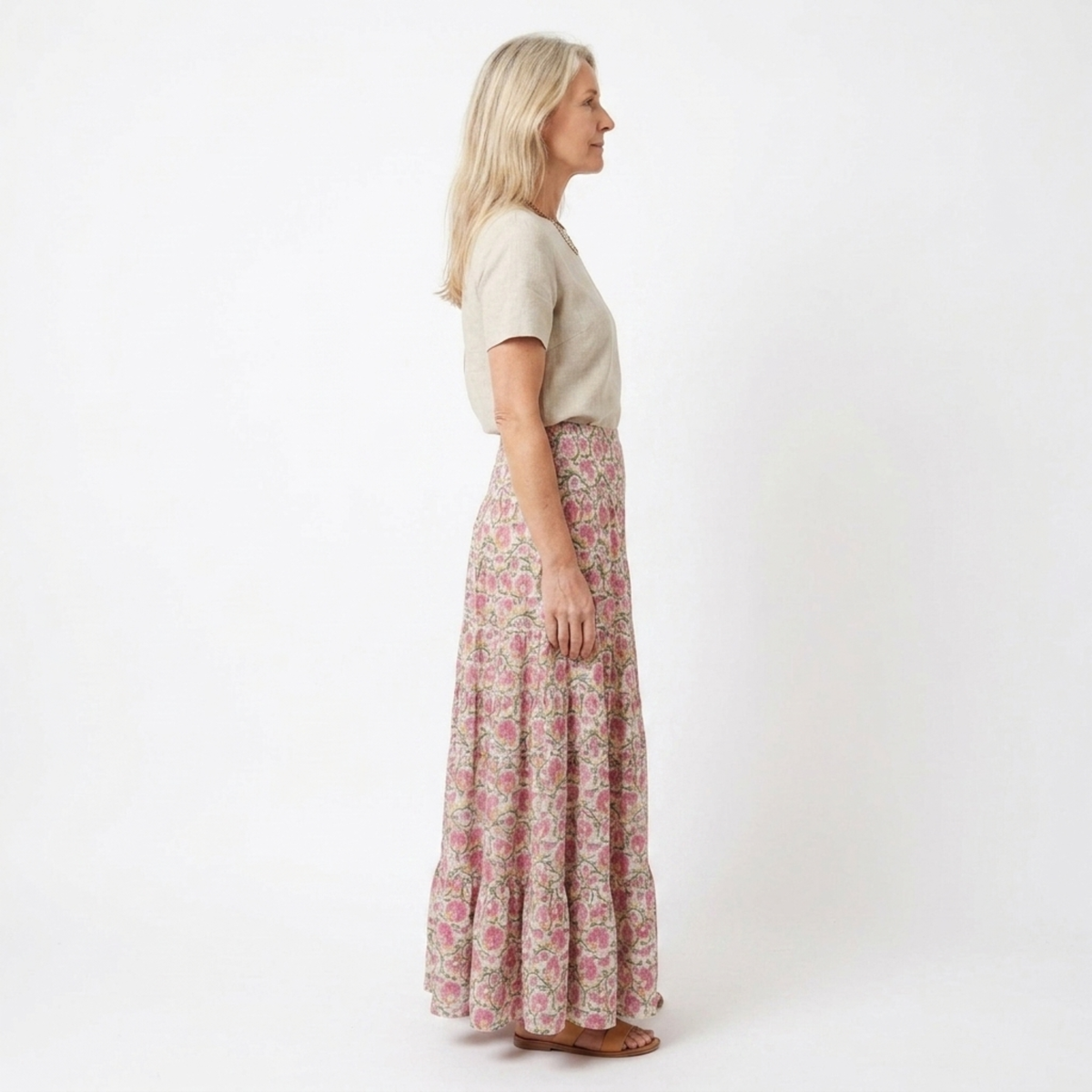 Jupe maxi longue fleurie — taille haute évasée — vacances d'été