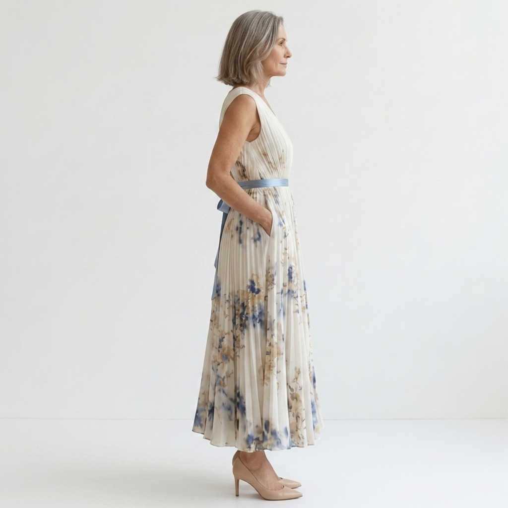 Robe fleurie mi-longue — col v et jupe à plis avec poches — vacances